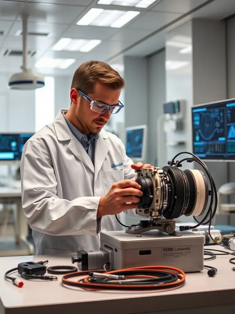 A biomedical engineer repairing a complex piece of medical equipment in a modern hospital setting, showcasing precision and expertise.