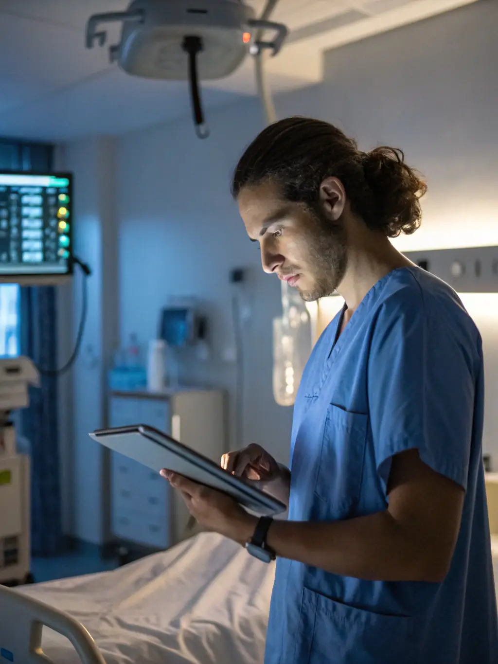 A doctor using a tablet to remotely monitor a patient's vital signs in a rural clinic. The scene highlights the use of smart technology to improve diagnostics and treatment.