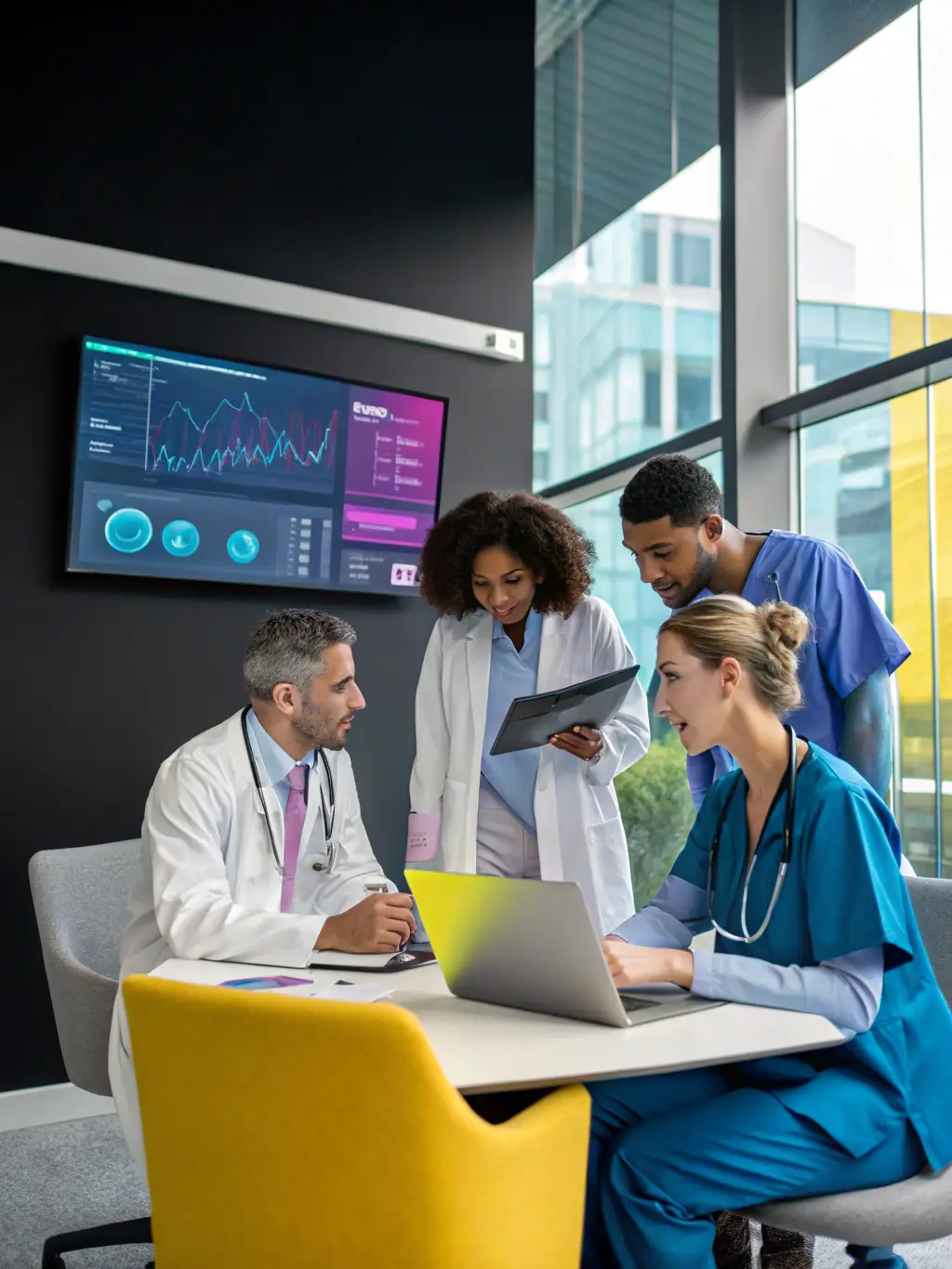 A team of healthcare professionals collaborating on a telemedicine platform, demonstrating remote patient monitoring and data analysis.