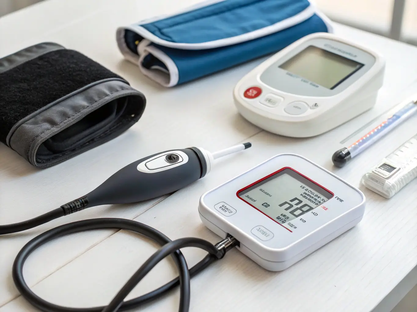 A collection of essential medical equipment and supplies being prepared for distribution to underserved communities. The equipment should include items like blood pressure monitors, fetal dopplers, and basic medical kits.