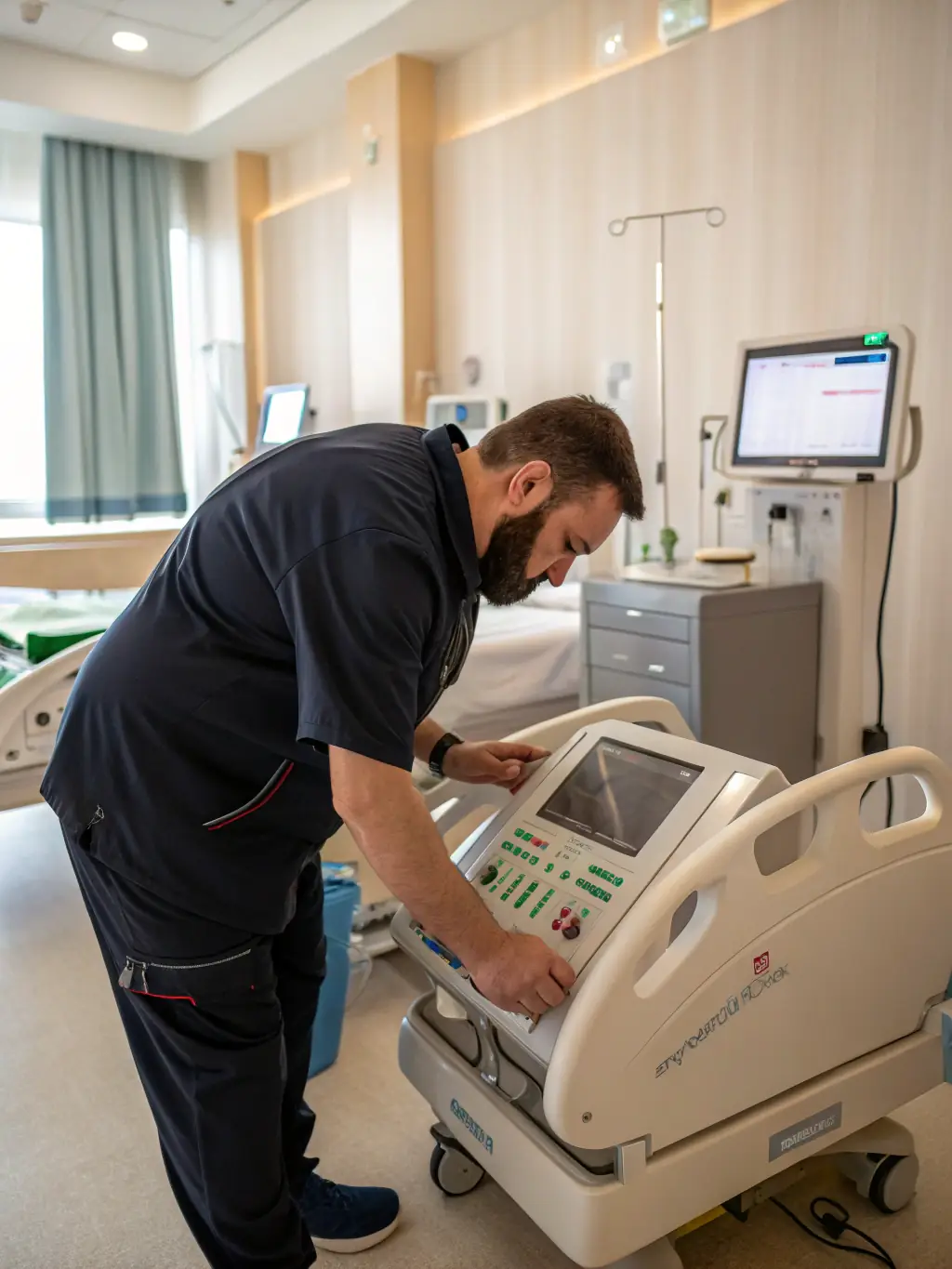 A biomedical engineer repairing a complex piece of medical equipment in a well-lit hospital setting. The focus is on precision and technical expertise, showcasing the support and maintenance aspect of biomedical services.
