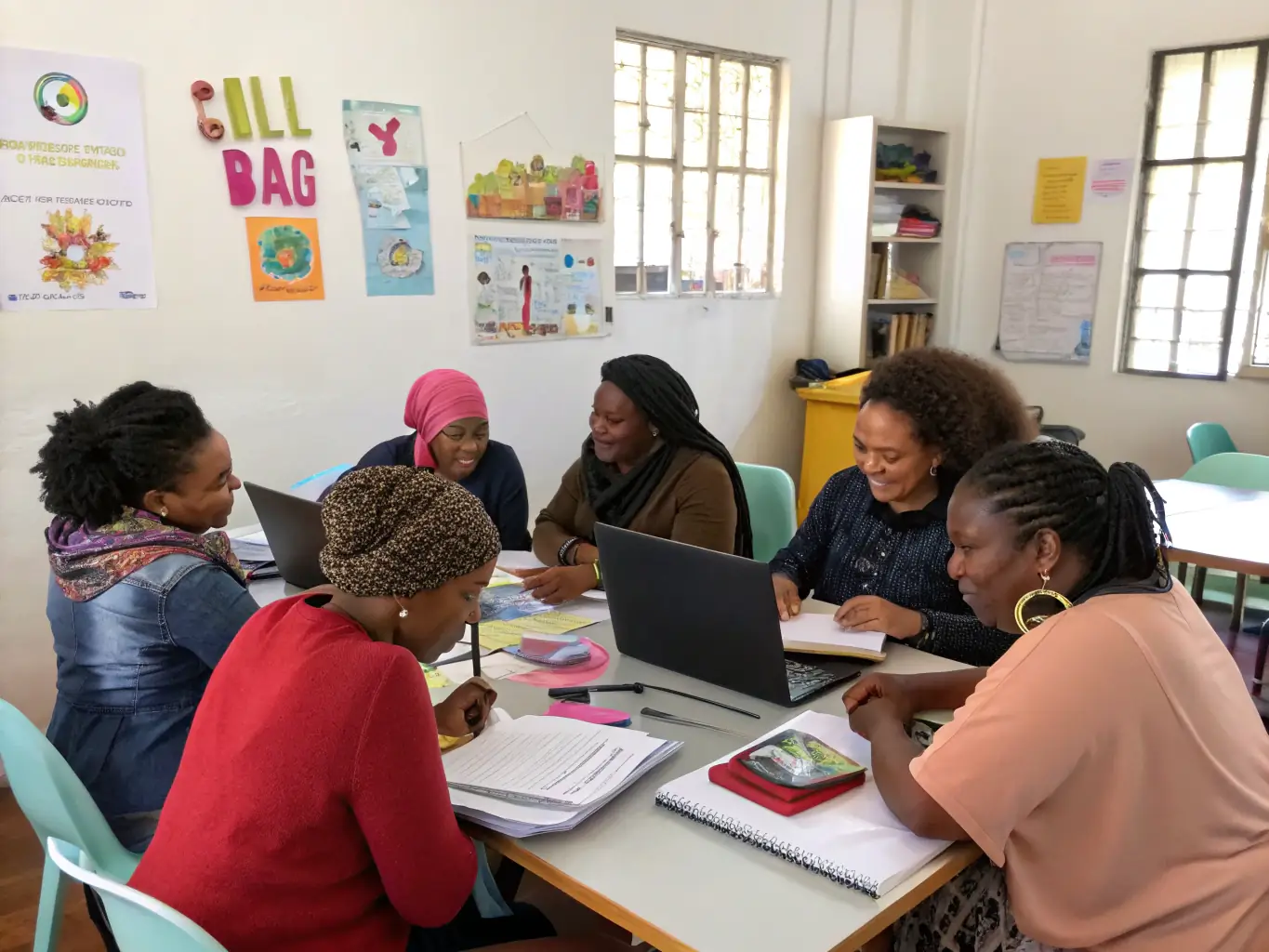 A group of mothers participating in a health education session, actively engaged and learning about prenatal care, nutrition, and newborn care. The setting should be a community center or a similar accessible location.