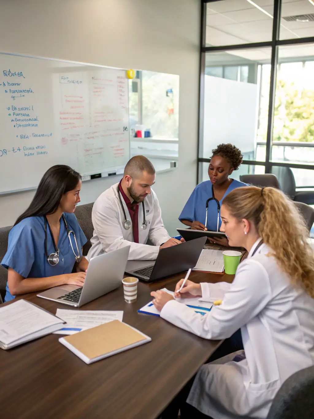 A diverse group of healthcare professionals collaborating in a workshop, discussing strategies to improve healthcare access and equity in a community setting.