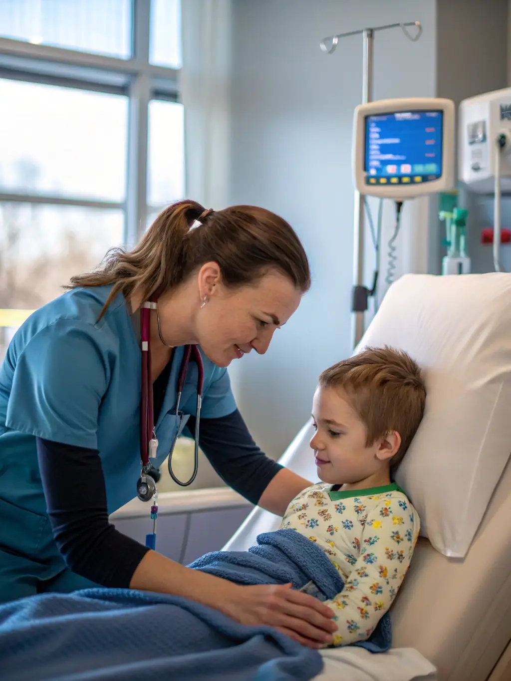 A close-up photograph of a doctor gently examining a child's arm in a well-lit clinic, conveying a sense of care and trust. The doctor is smiling reassuringly.