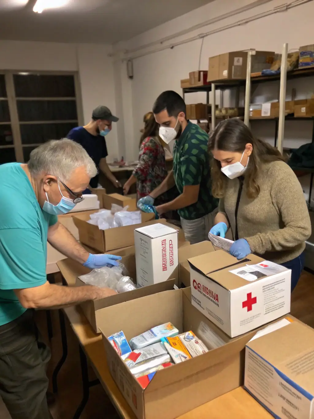 A photograph showing a diverse group of healthcare workers and volunteers working together, packing medical supplies for distribution in a rural area.