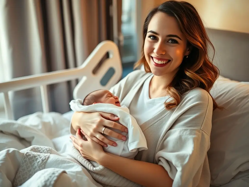 A photo of a Congolese mother holding her newborn baby, both looking healthy and content, in a clean and well-equipped medical facility in Kinshasa. The image should convey hope and the positive impact of quality maternal care.
