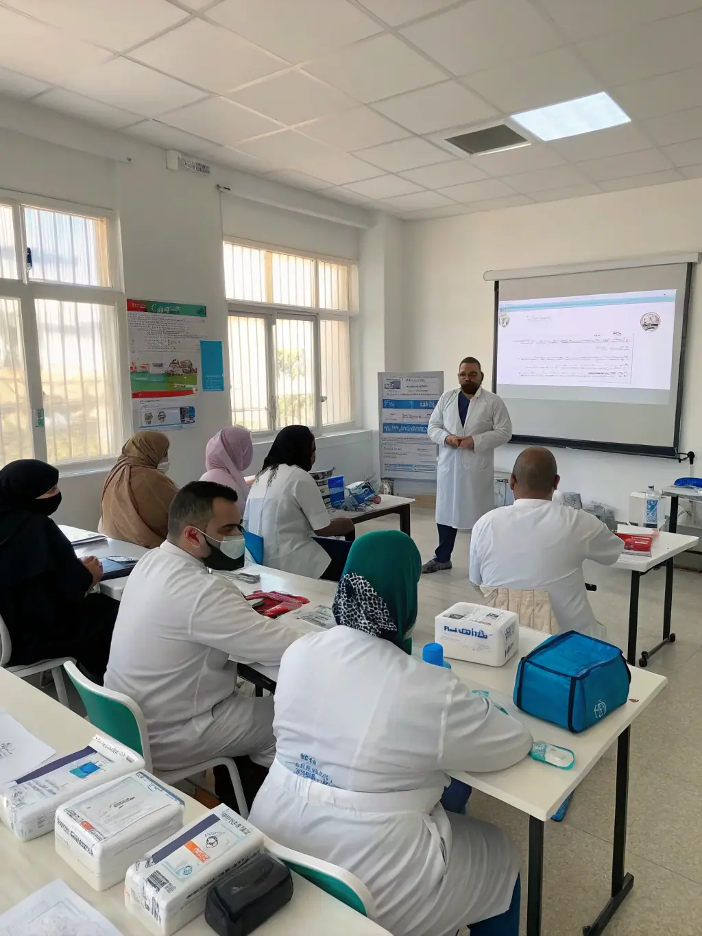 A group of nurses and midwives participating in a training session, led by an experienced instructor. The setting is a modern training facility, emphasizing hands-on learning.