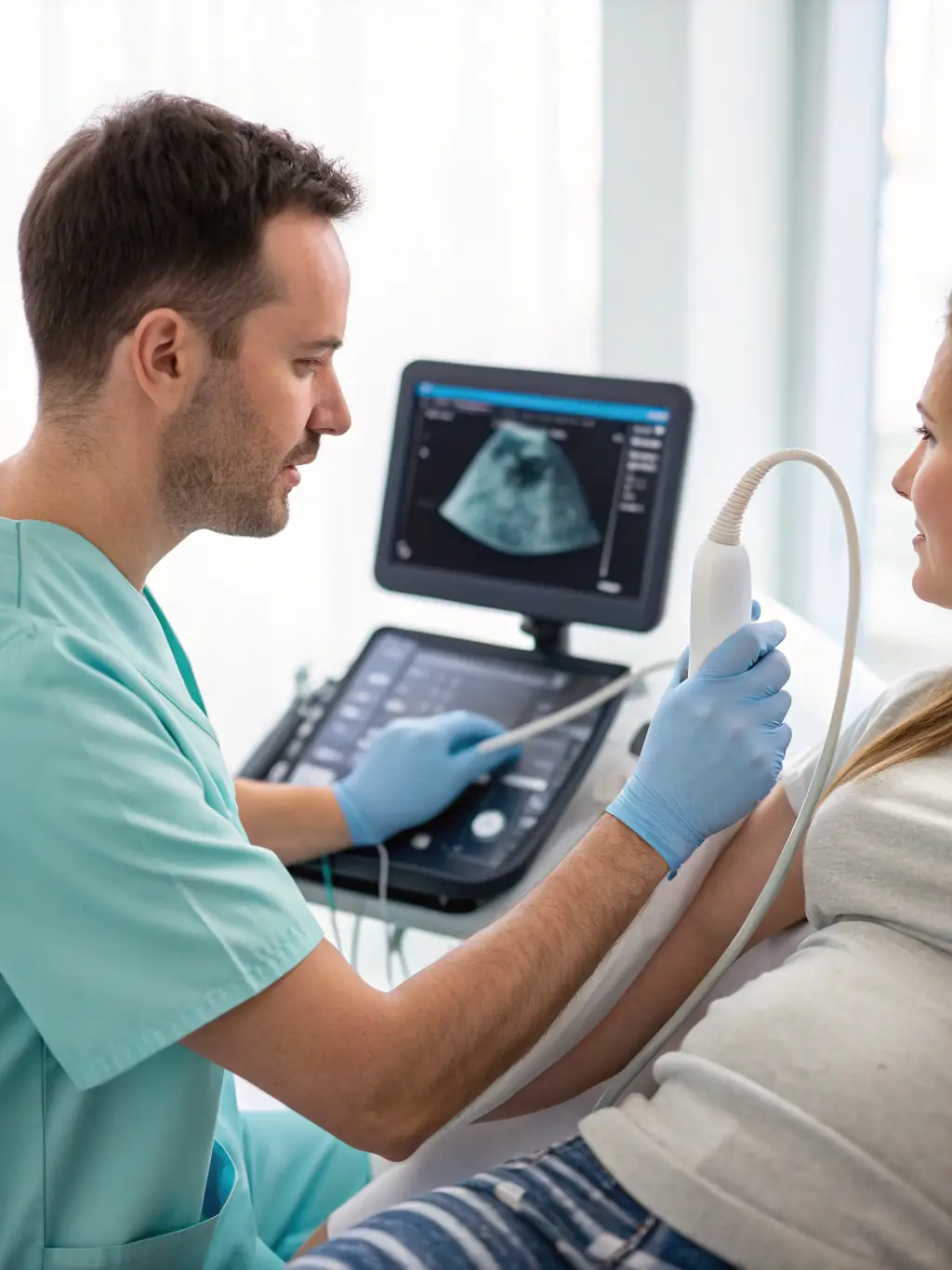 A brand new, state-of-the-art ultrasound machine in a clean, well-lit clinic, being used by a healthcare professional. The focus is on the clarity and reliability of the equipment.