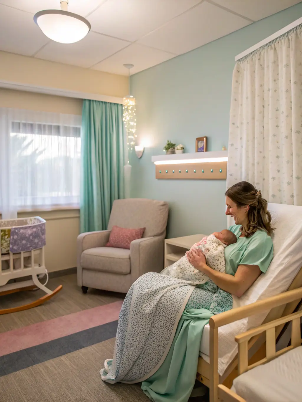 A mother holding her healthy newborn baby, with a midwife smiling reassuringly in the background. The scene takes place in a clean and supportive maternal care unit.